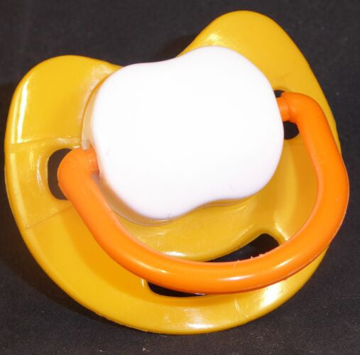 Yellow & White and Orange Spanish style dummy with Nuk teat