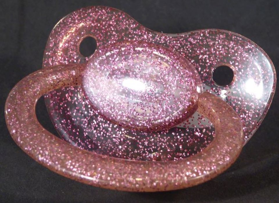 Transparent glitter purple Adult Sized Shield, Pacifier, with Latex or Silicon teat