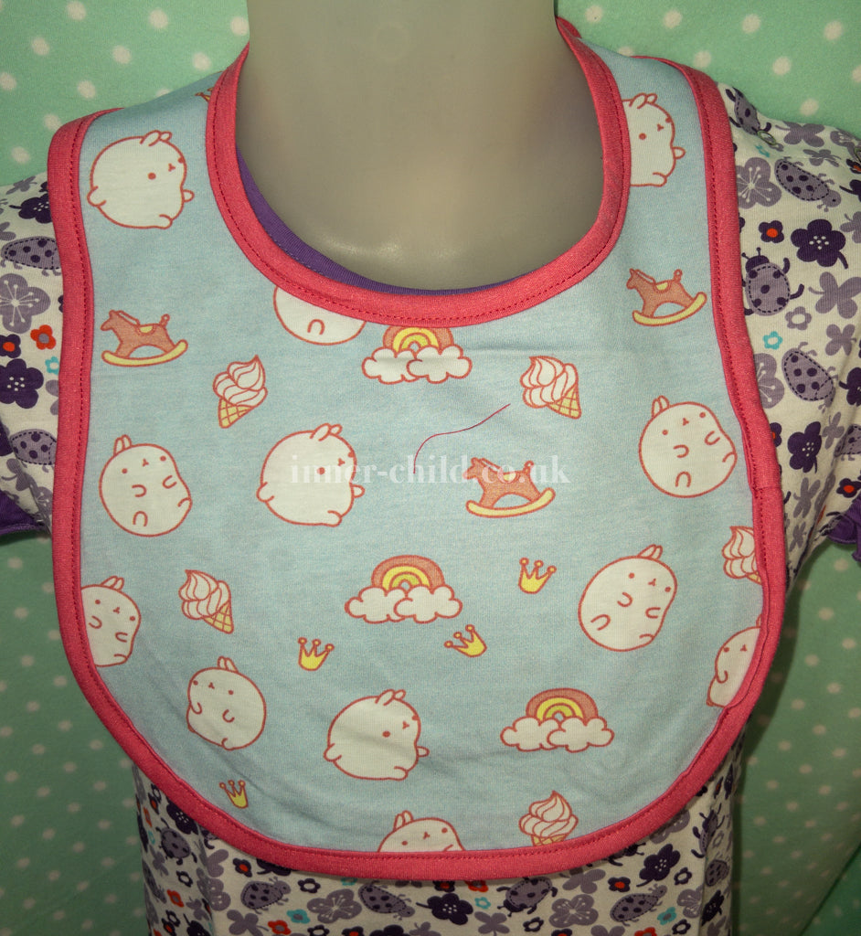 Rabbits and Rainbows Adult Blue and Pink Bib