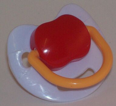 Mauve and Red Spanish style dummy with Nuk teat