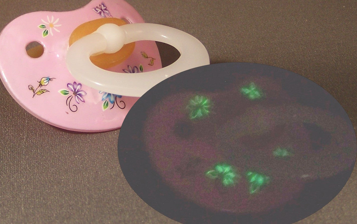 NUK pacifier hand decorated with glow in the dark flowers