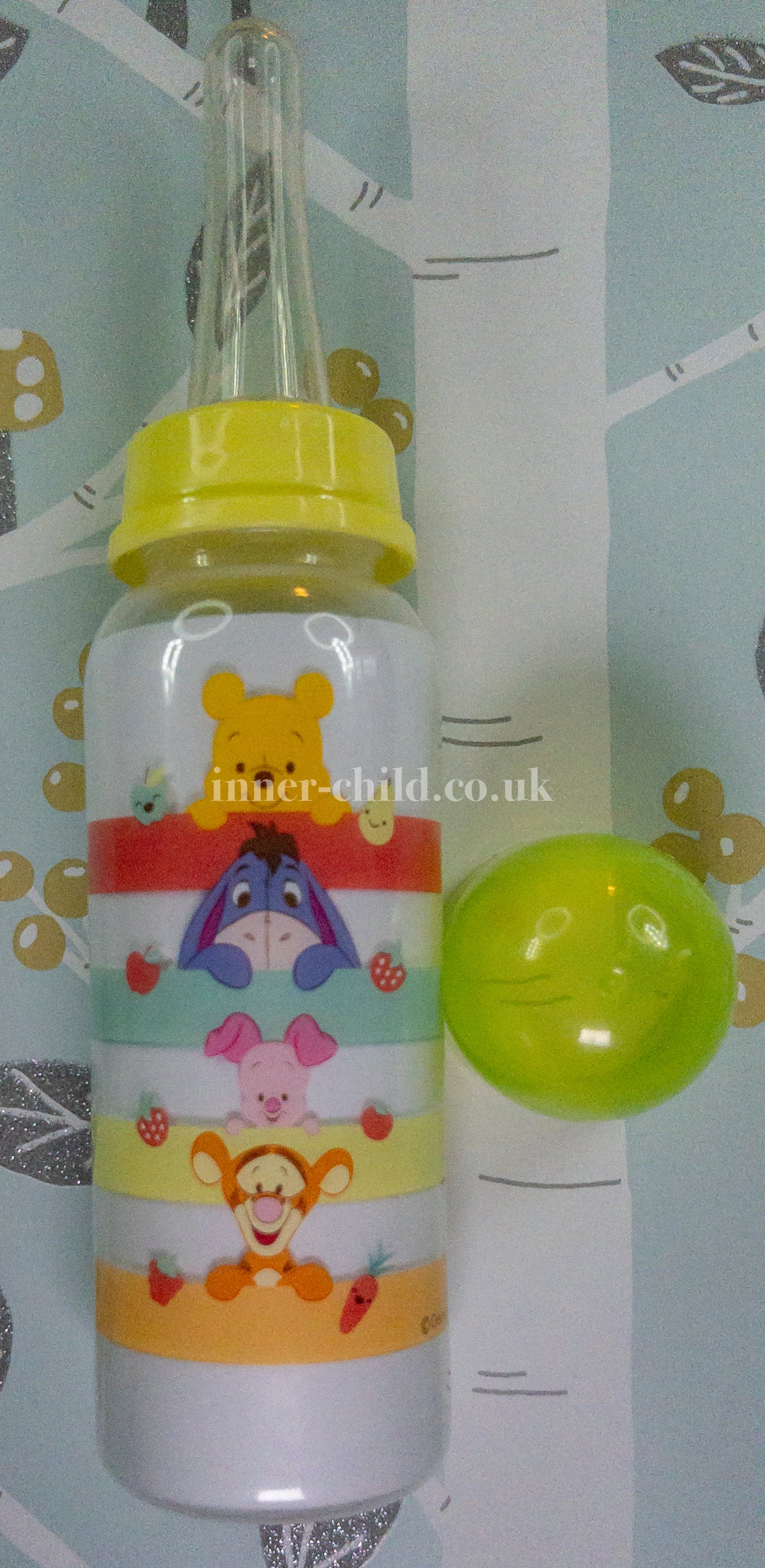 Winnie, Eeyore, Piglet & Tigger as babies lime green bottle