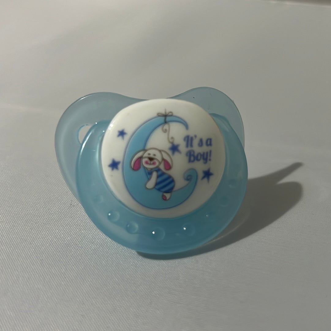 Blue "it's a Boy" with bunny hugging moon with silicone teat